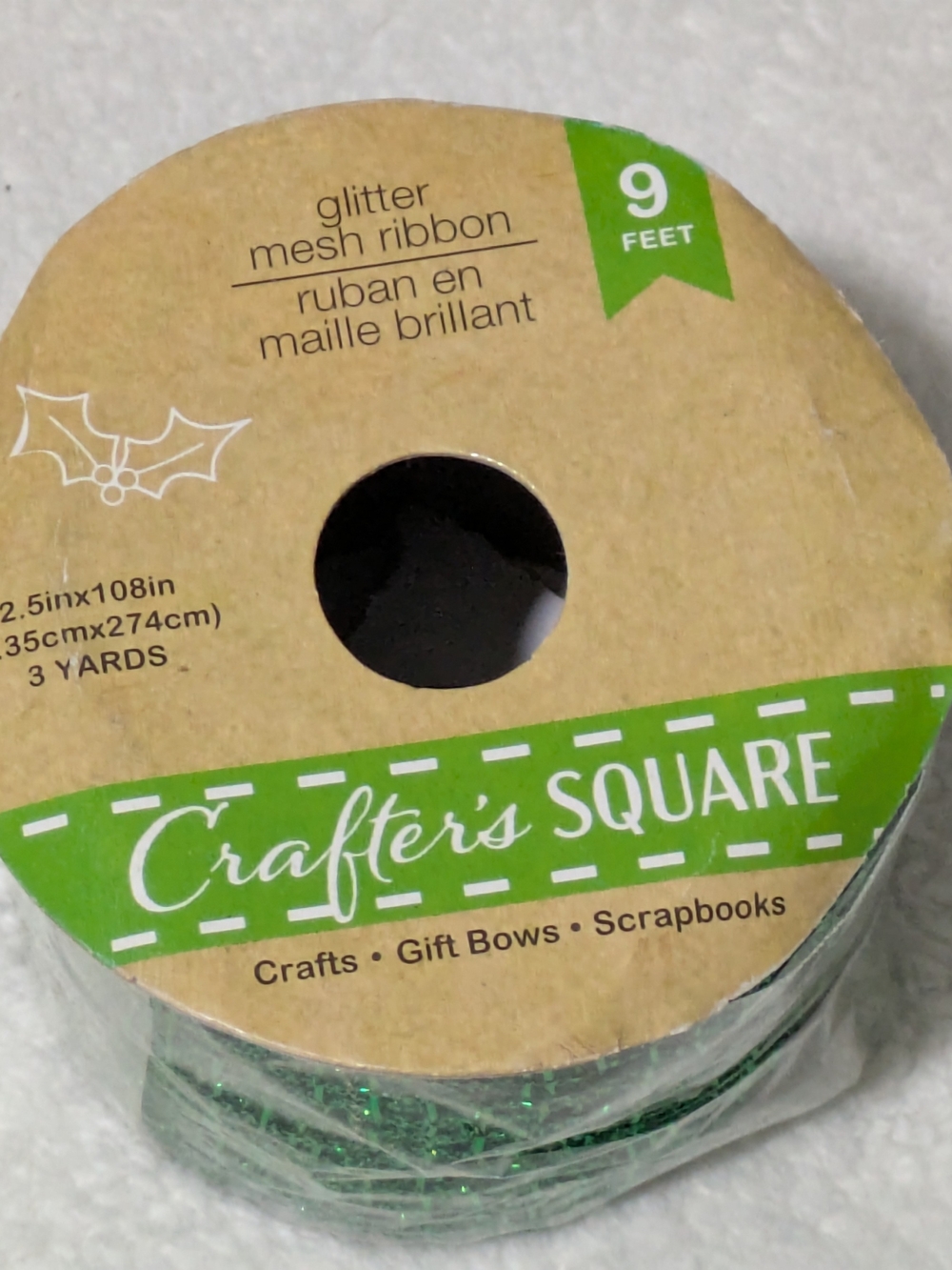 Crafter's Square Green Glitter Wired Ribbon 2.5" x 3 Yards  Christmas Crafting
